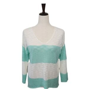 W. F. White and Mint Green Striped Burnt-out High/low V-neck Long Sleeve Sweater